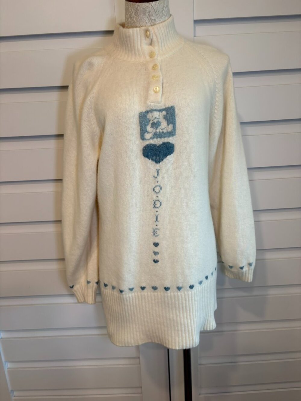 Vintage Made in Italy Wool Angora Bunny Heart Mock Neck Cottagecore Sweater S - Picture 9 of 13